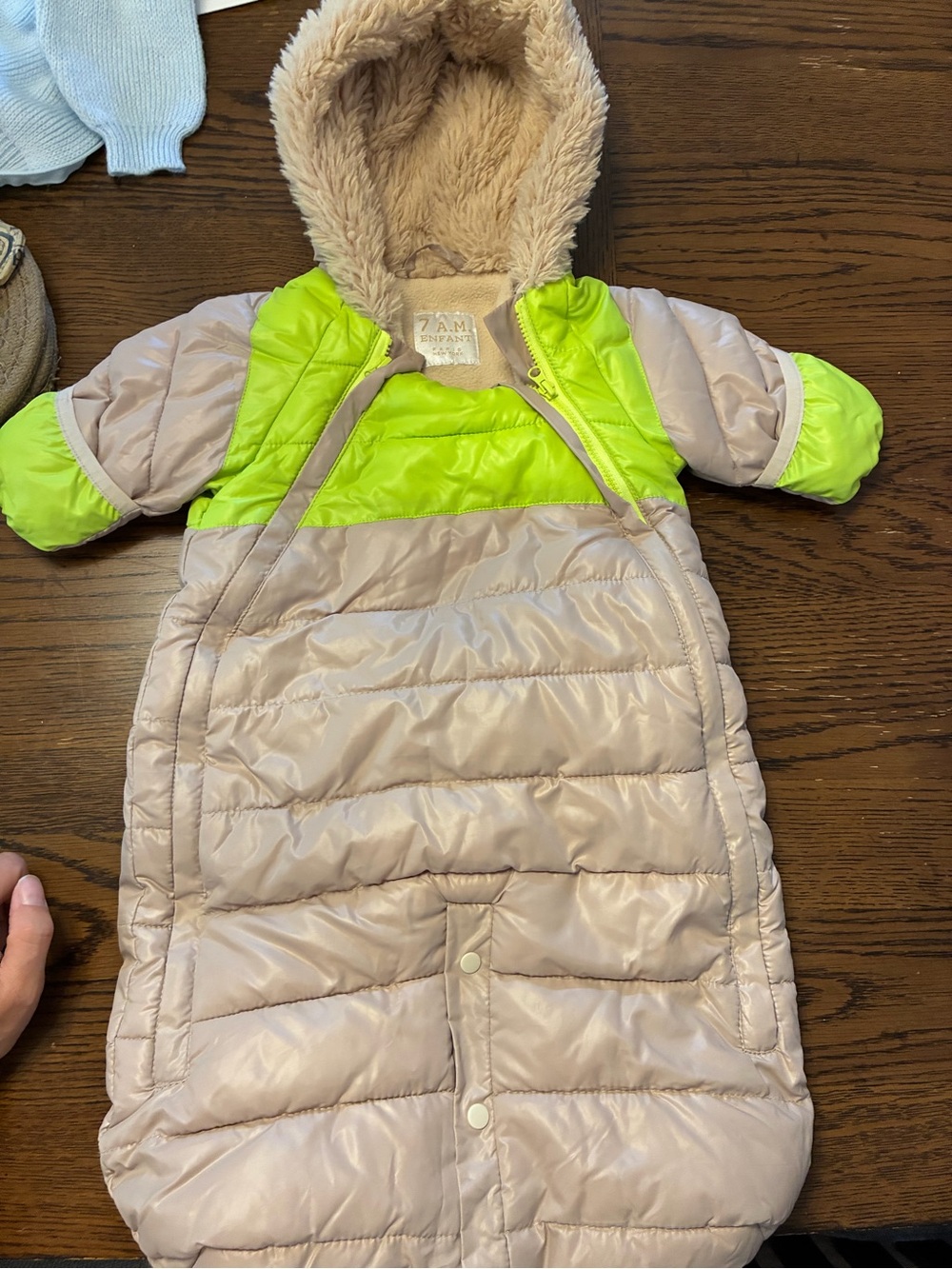 Neutral Beige & Neon Green Infant Puffer Bunting with Hood - 0-6M